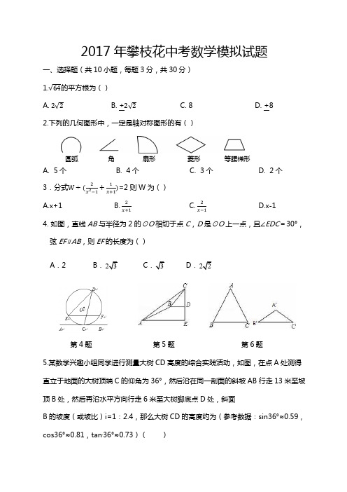 攀枝花2017中考数学模拟试题及答案