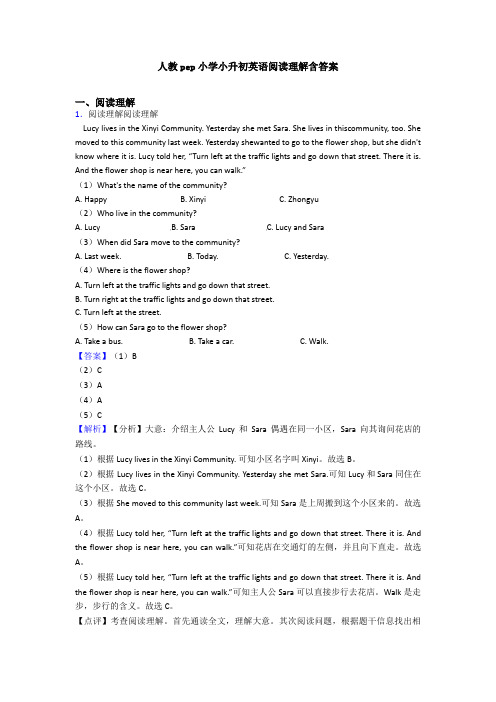 人教pep小学小升初英语阅读理解含答案