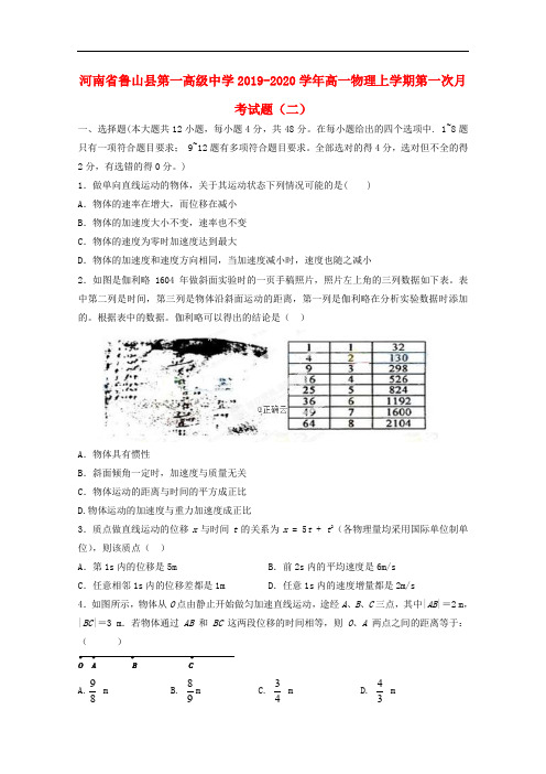 河南省鲁山县第一高级中高一物理上学期第一次月考试题二