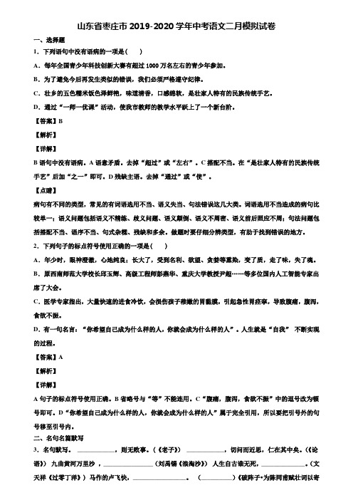山东省枣庄市2019-2020学年中考语文二月模拟试卷含解析