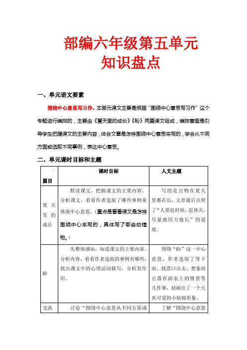 第五单元知识盘点(含字词、佳句、感知、考点)六年级语文上册(部编版,有答案)