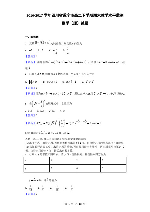 2016-2017学年四川省遂宁市高二下学期期末教学水平监测数学(理)试题(解析版)