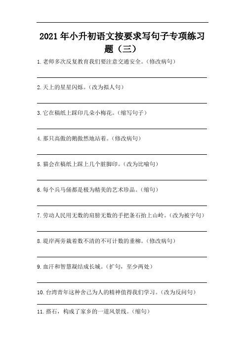 2021年小升初语文按要求写句子专项练习题(三)(部编版,含答案)