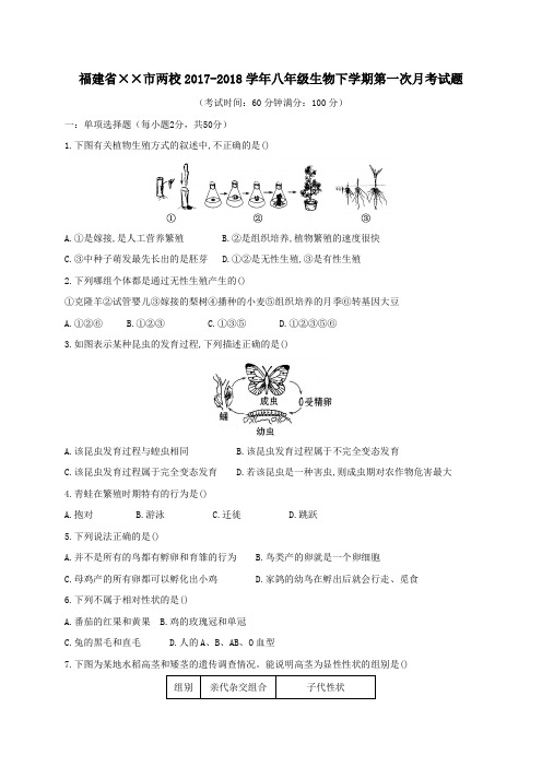 2017-2018学年八年级生物下学期第一次月考试题