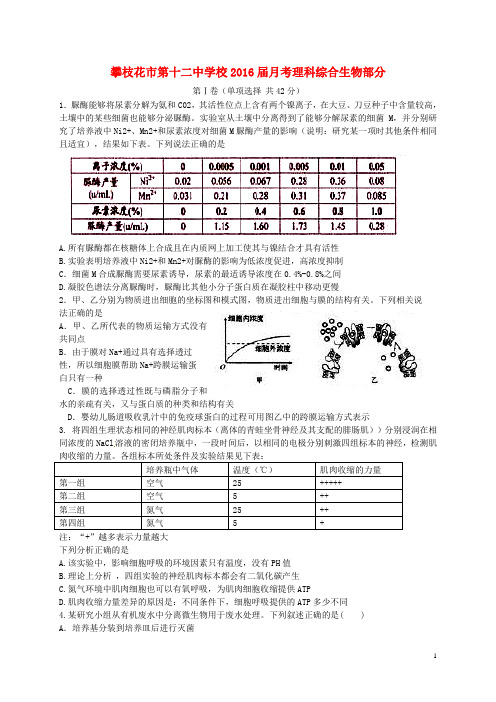 四川省攀枝花市第十二中学2016届高三生物下学期第一次月考试题(无答案)