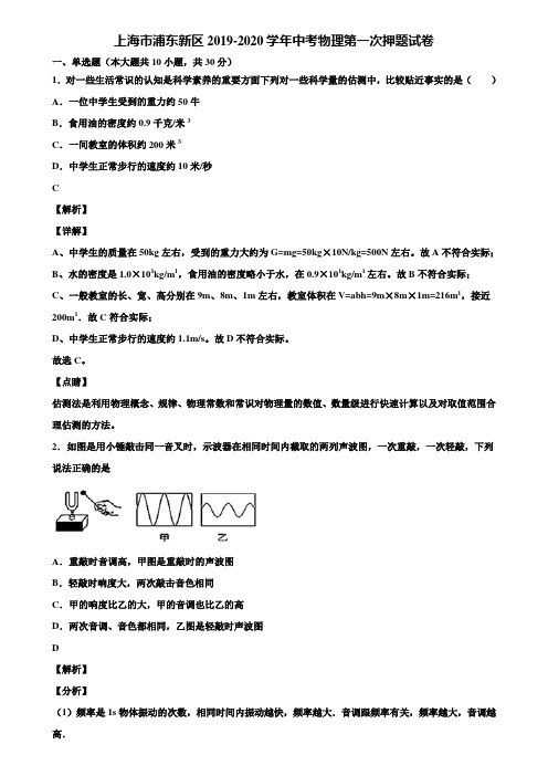 上海市浦东新区2019-2020学年中考物理第一次押题试卷含解析