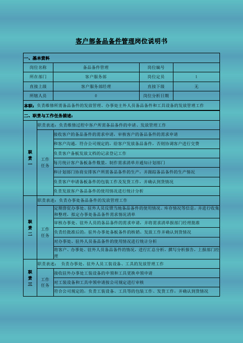 客户部备品备件管理岗位说明书