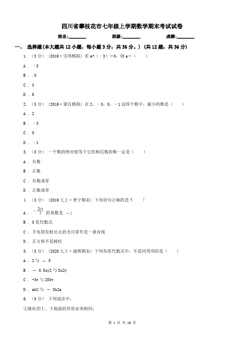 四川省攀枝花市七年级上学期数学期末考试试卷