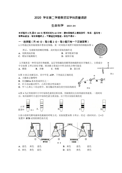 上海市奉贤区2021年高中生物等级考(学科质量调研生命科学)二模卷含答案