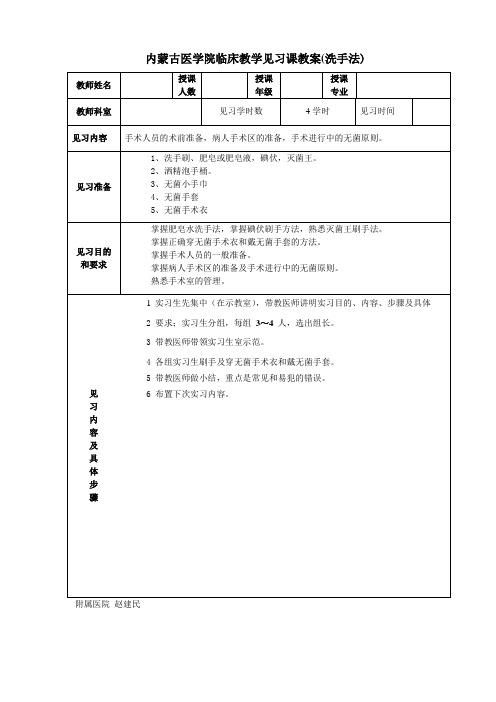 内蒙古医学院临床教学见习课教案(洗手法) 教师 授课人数 授课年级