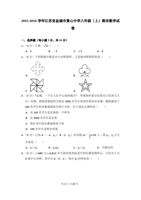 2015-2016年江苏省盐城市景山中学八年级(上)期末数学试卷及参考答案