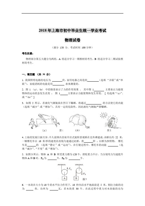 最新-2018年上海市初中毕业生统一学业考试物理试卷 精品