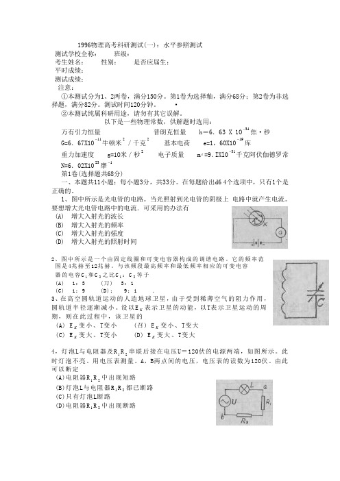 1996年物理高考科研测试(一)
