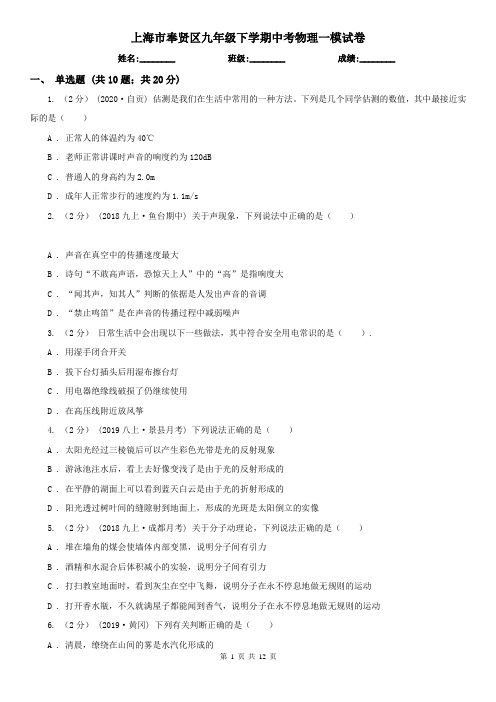 上海市奉贤区九年级下学期中考物理一模试卷
