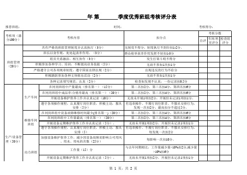 优秀班组评比表