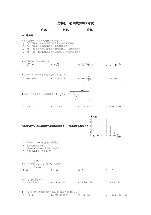 安徽初一初中数学期末考试带答案解析
