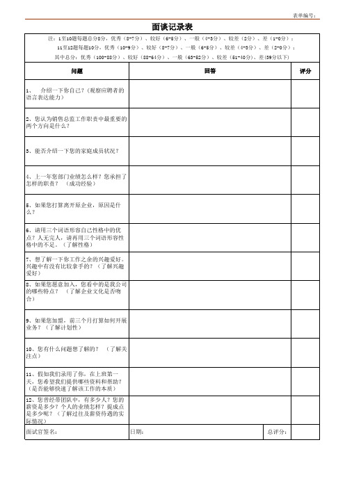 管理类 面试评估表