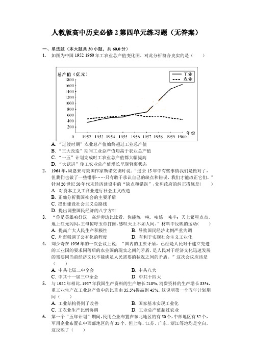 人教版高中历史必修2第四单元中国特色社会主义建设的道路练习试题(无答案)