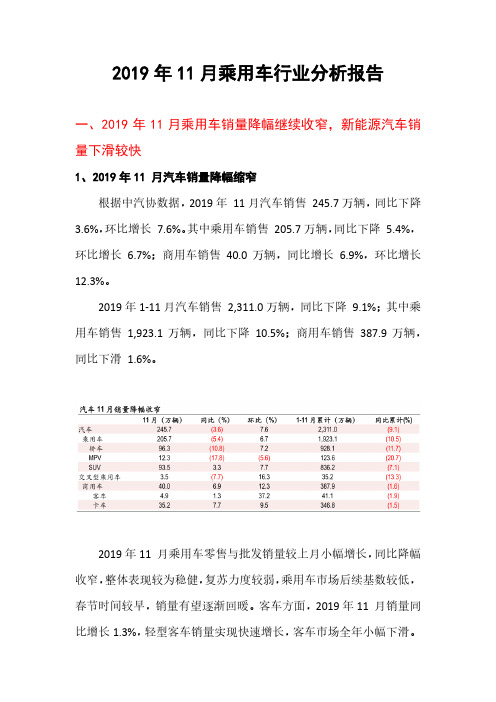 2019年11月乘用车行业分析报告