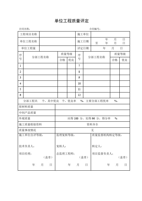 安全饮水项目蓄水池安装单元工程质量评定表