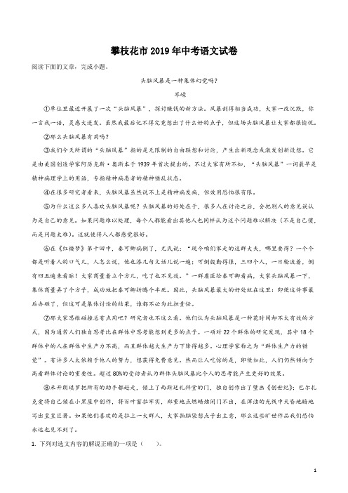 2019年四川省攀枝花市中考语文试题(解析版)