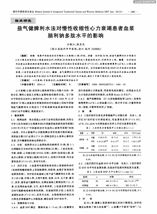益气健脾利水法对慢性收缩性心力衰竭患者血浆脑利钠多肽水平的影响