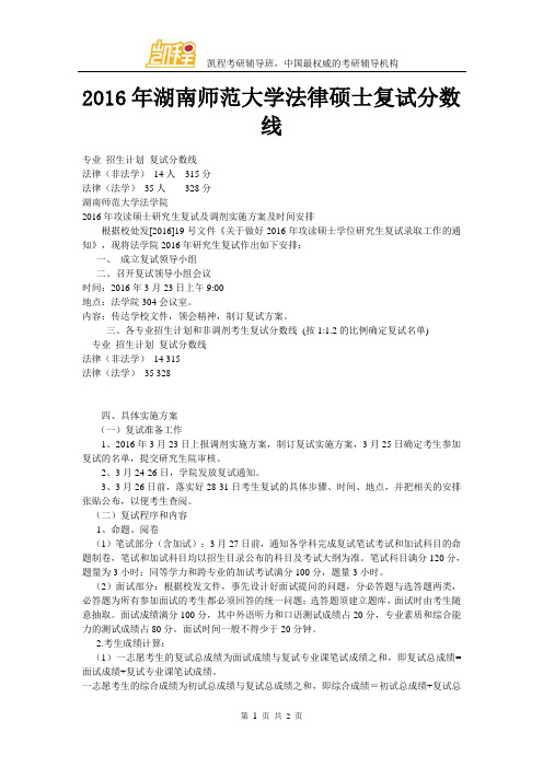 2016年湖南师范大学法律硕士复试分数线