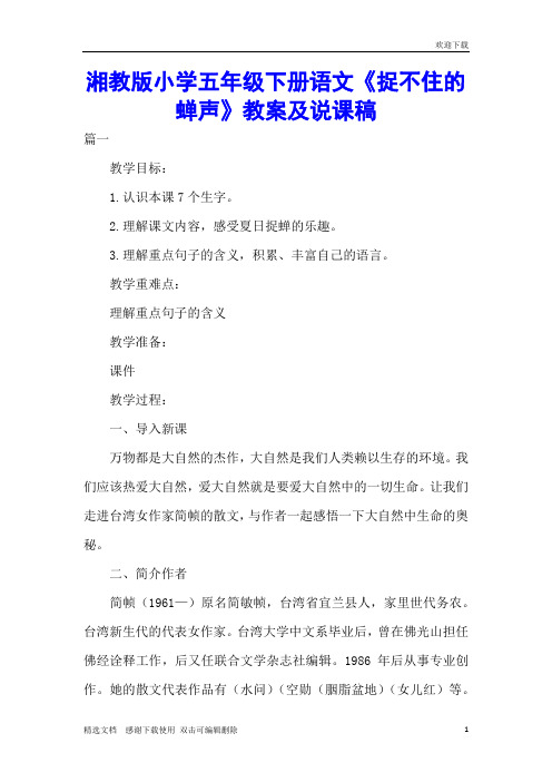 湘教版小学五年级下册语文《捉不住的蝉声》教案及说课稿