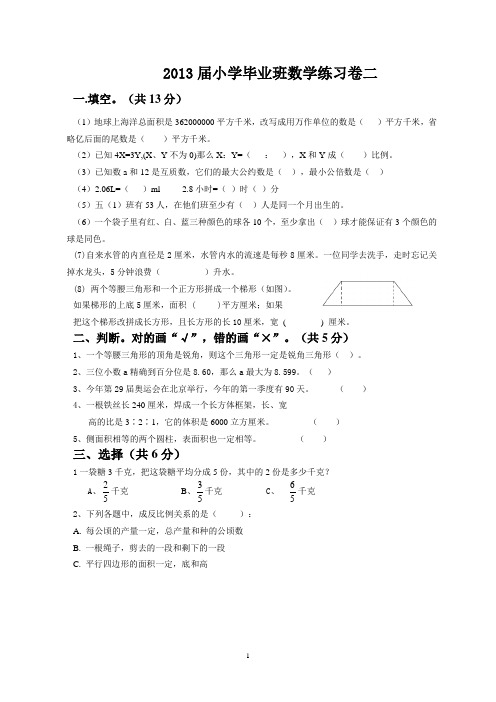 2013届小学六年级数学毕业模拟试卷2