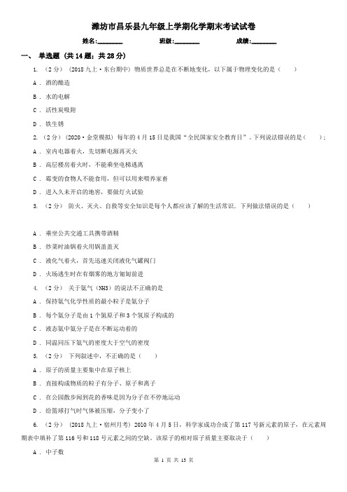 潍坊市昌乐县九年级上学期化学期末考试试卷