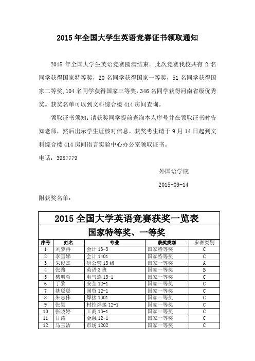 2015年全国大学生英语竞赛获奖证书领取通