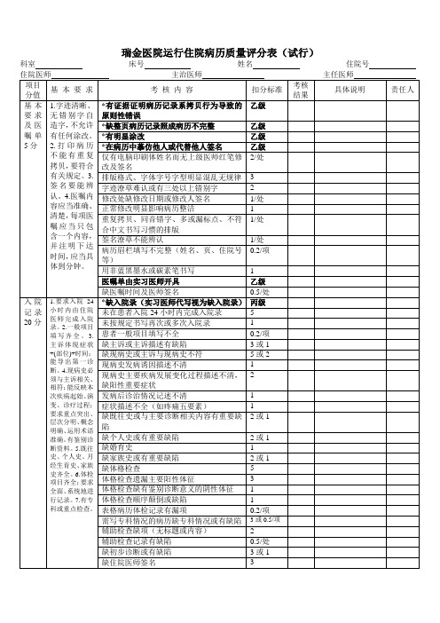 瑞金医院运行住院病历质量评分表试行