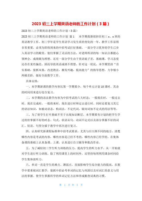 2023初三上学期英语老师的工作计划(3篇)