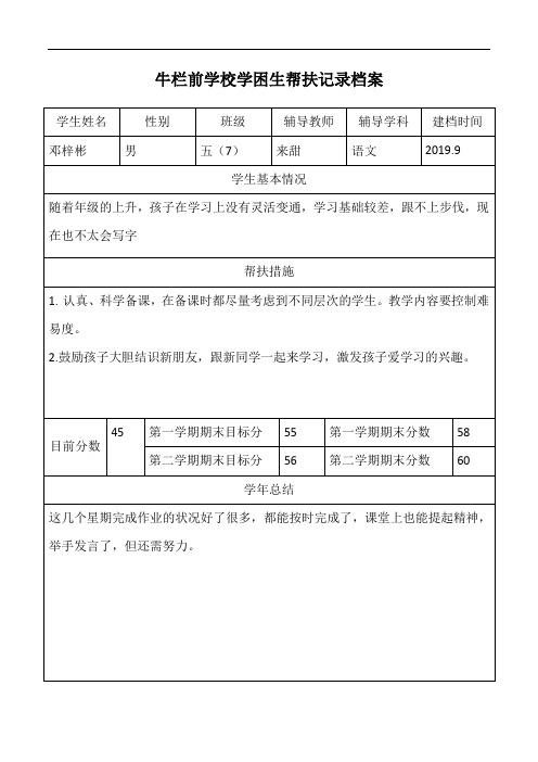 2019——2020学年学困生帮扶记录档案