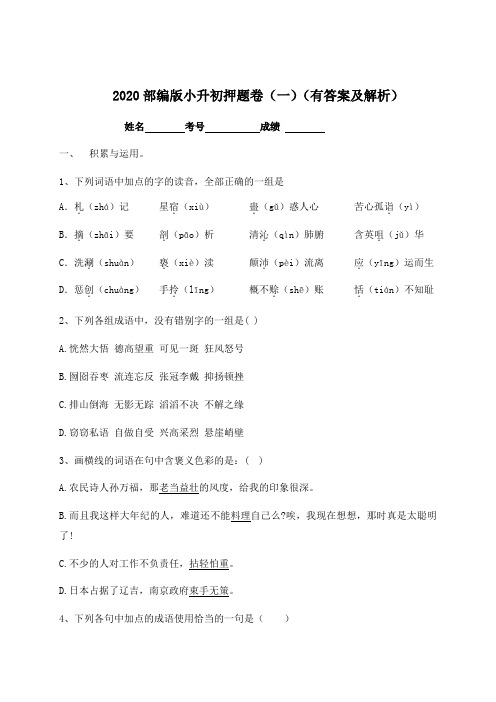 【名师预测】2020年小升初语文押题卷(一)-人教部编版(含答案,含解析)