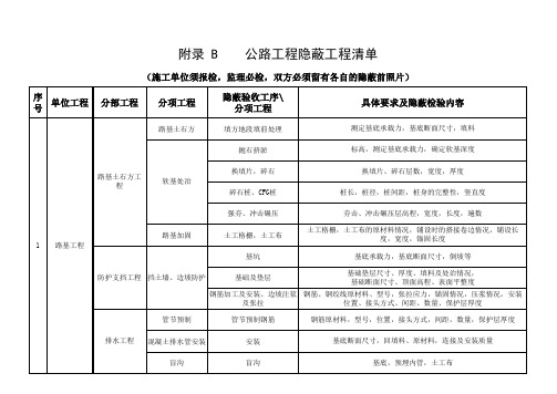 云南省公路工程建设用表标准化指南修编附录B 公路工程隐蔽工程清单