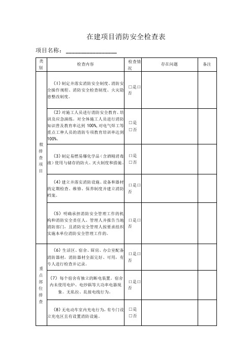 在建项目消防安全检查表