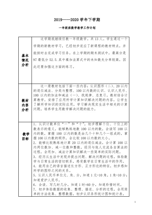 2019-2020人教版(新版)一年级数学下册教学工作详细计划.doc