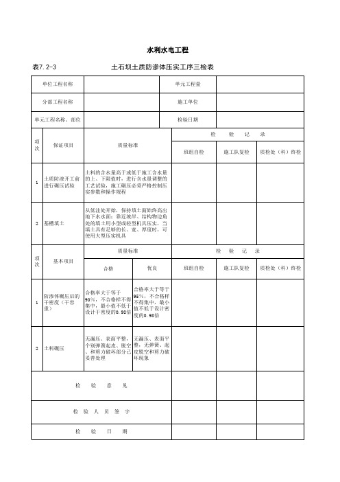 7_2_3土石坝土质防渗体压实工序三检表