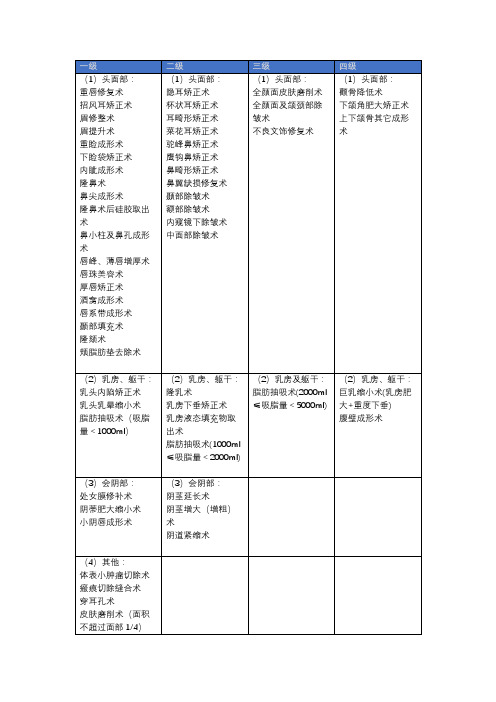 美容外科项目分级对照表
