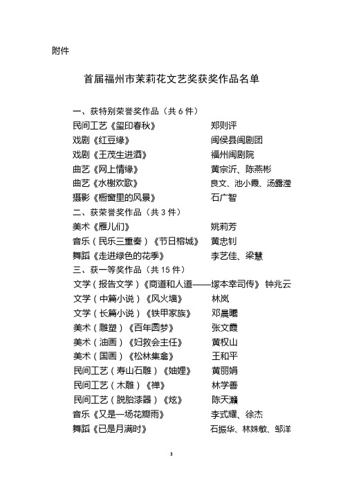 首届福州市茉莉花文艺奖获奖作品名单