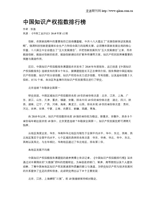 中国知识产权指数排行榜