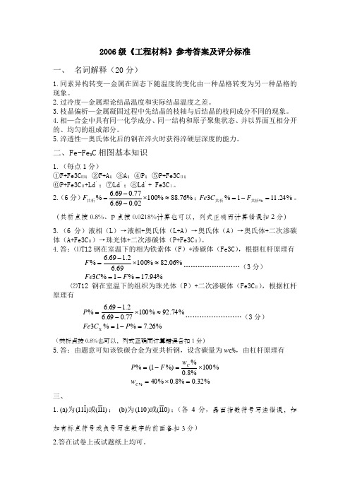 2006级 工程材料考题参考答案
