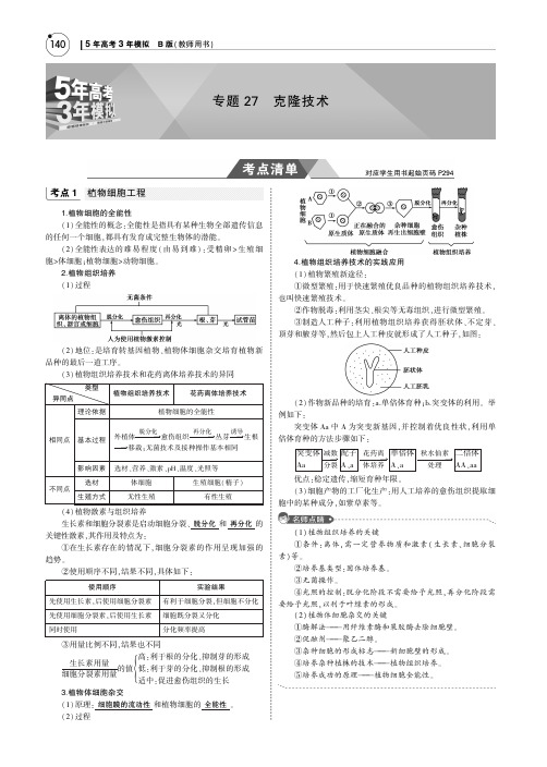 2019版高考生物一轮复习(江苏专版+B版)教师用书：专题27 克隆技术 PDF版含答案