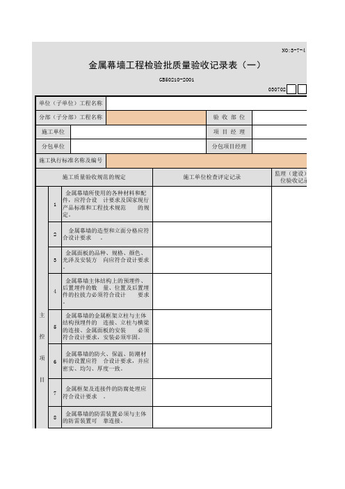 金属幕墙工程检验批质量验收记录表(一)