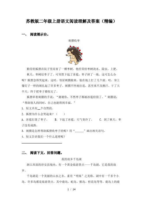 苏教版二年级上册语文阅读理解及答案(精编)