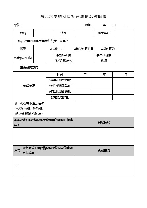 东北大学聘期目标完成情况对照表