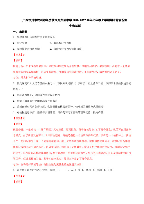 广西钦州市钦州港经济技术开发区中学2016-2017学年七年级上学期期末综合检测生物试题解析(解析版)