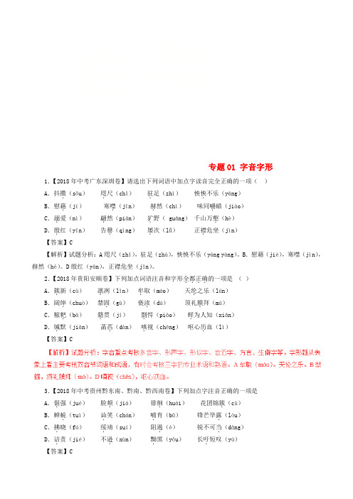 2018年中考语文试题分项版解析汇编第02期专题01字音字形含解析