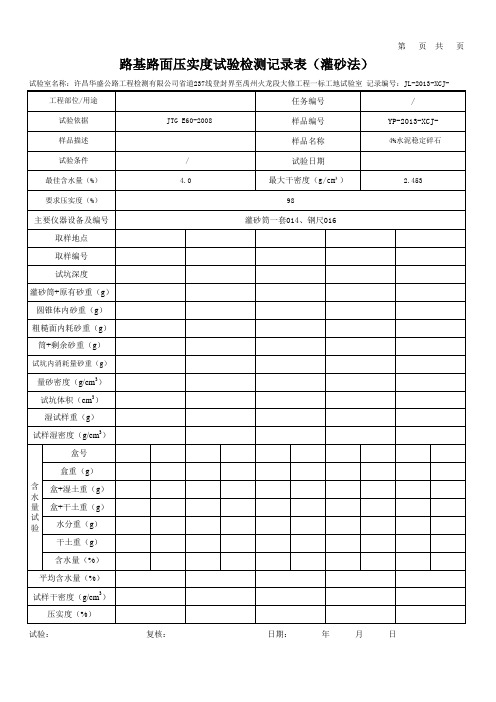 路基路面压实度试验检测记录表(灌砂法)